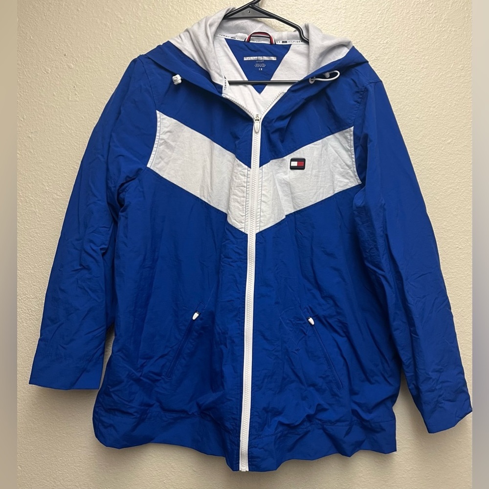 Tommy Hilfiger Women's Plus Size‎ 1X Blue and White Coat Rain Jacket GUC